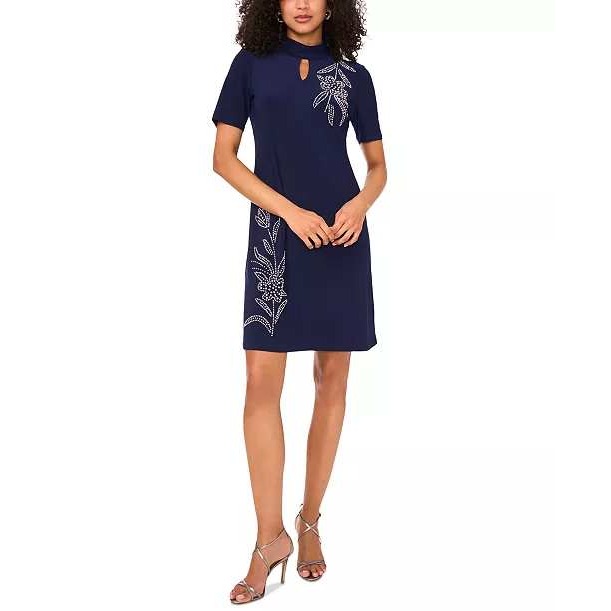 Nwd Msk Navy Rhinestone Embellished Floral Keyhole A-Line Cocktail Dress Small